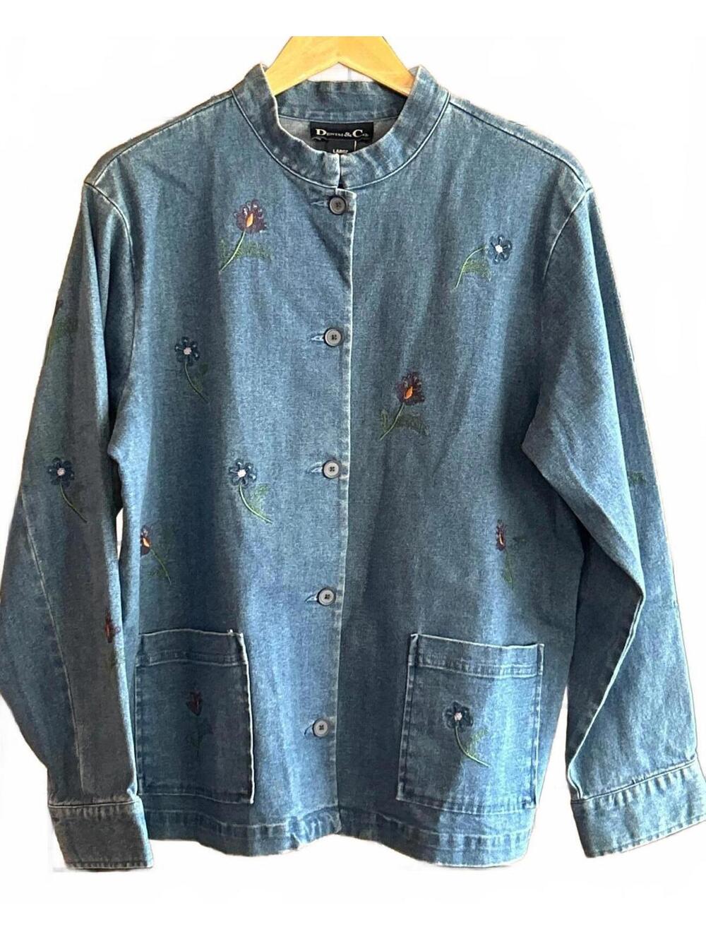 Denim & Co Womens Denim Jacket Size L Button Up Embroidered Flowers Boho